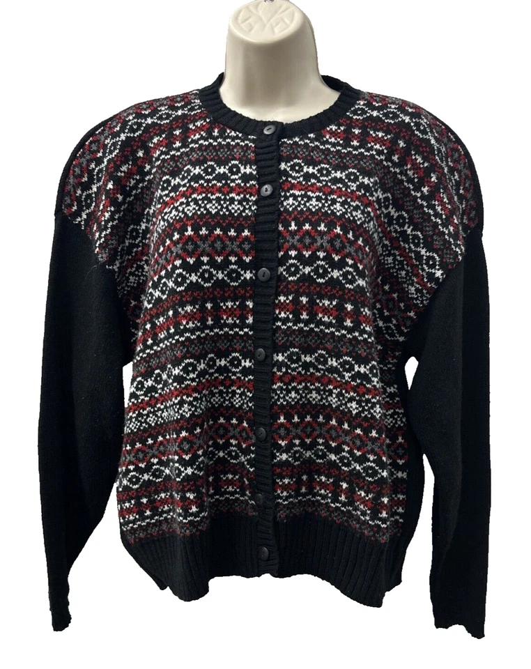 Cárdigan geométrico vintage para mujer grande negro Fair Isle suéter casa de campo EE. UU. Foto 1 de 4
