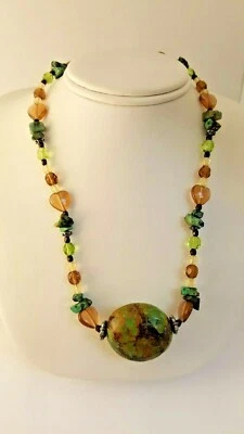 TURQUOISE NATURAL STONES STERLING SILVER CLASP FOCAL NECKLACE GLASS CRYSTAL - Image 1 of 4