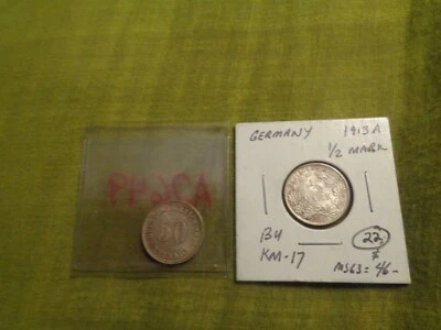 two silver coins from the german empire, 1876 50 pfennig  , 1913 half mark  bu. - Image 1 of 4