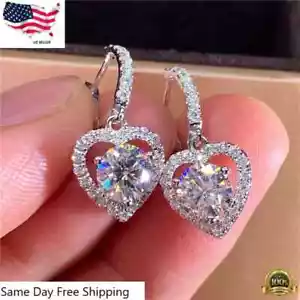 Cubic Zircon Pretty Heart Jewelry 925 Silver Filled Stud Earring Women Gift - Picture 1 of 4