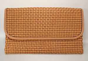 J. McLaughlin Clutch Handbag Tan Brown Checkered Pattern 10" W Magnetic Closure
