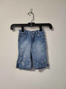 Old Navy Denim Capris Embroidered Pants Blue Flowers Cute Chic Summer Girls 3-6M - Picture 1 of 3