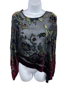 Y2K Silk Sheer Velvet Burnout Asymmetrical Floral Long Sleeve Top M Whimsigoth - Picture 1 of 11