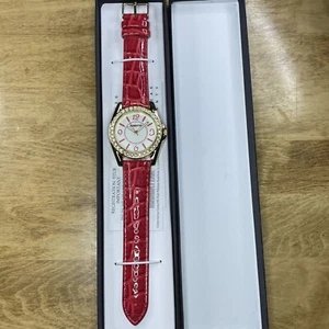 Manhattan Croton Watch Women Gold Tone Crystal Bezel Red Band NOS NIB 9" - Picture 1 of 9