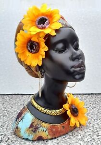 RESIN AND WOOD AFRICAN FEMALE BUST - HIGH COLOUR & SUPERB DETAIL