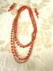 Long Necklace and Clip Dangle Earrings Gold Tone Chain Coral Color Beads