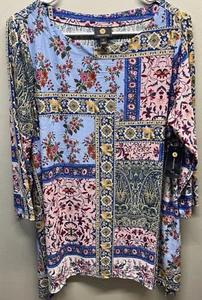 JM Collection blouse womens plus size 0X navy & pink Jacquard shirt New! - Picture 1 of 5