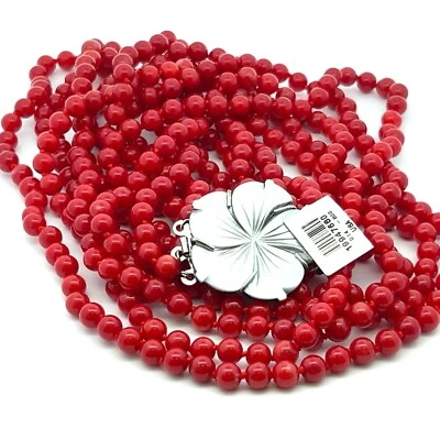 Argento Sterling Madreperla Chiusura 6mm 5 Filo Corallo Rosso Fiore Collana - Immagine 1 di 4