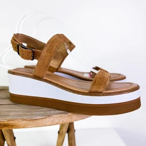 Lucky Brand LK-Tamri Suede Strap Wedge Platform Summer Sandals Cognac sz 9M NEW - Picture 1 of 12