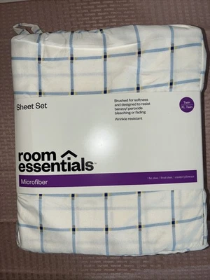 Room Essentials TWIN/XL TWIN Bed sheet set - White w/Blue Check TARGET INC. - Image 1 of 4