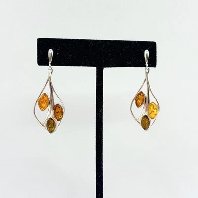 Vintage Sterling Silver 925 Baltic Honey Amber Dangle Leaf Earrings 4.5g Fine - Image 1 of 4