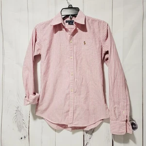 Ralph Lauren Shirt Women 2 Pink Stripe Button Down Long Sleeve Pony Slim Fit - Picture 1 of 5