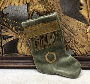 Handmade MINI STOCKING From Antique Textiles by B-VIZ Green w Metallic L33 - Picture 1 of 11