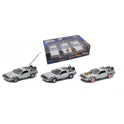DE LOREAN BACK TO THE FUTURE GIFT BOX WITH PART 1 + 2 + 3 1:24 Welly Movie Model - Immagine 1 di 4