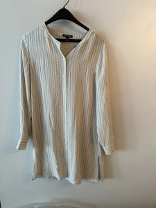 Eileen Fisher 100% Silk Shirt dress Crepe Mandarin Collar Bone Brown Stripe XS - Picture 1 of 8