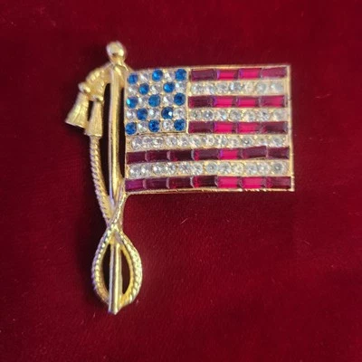 American Flag Brooch Pin 3 Ct Emerald Lab Created Ruby 14K Gold Plated Silver  - Image 1 of 4