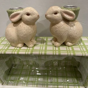 Hallmark Hase Kaninchen Keramik Kerzenhalter 2er Set Neu in Box Ostern Frühling - Bild 1 von 12