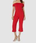 $140 Marina Women's Red Stretch Crepe Off-Shoulder Back-Zip Crop Jumpsuit Size 8