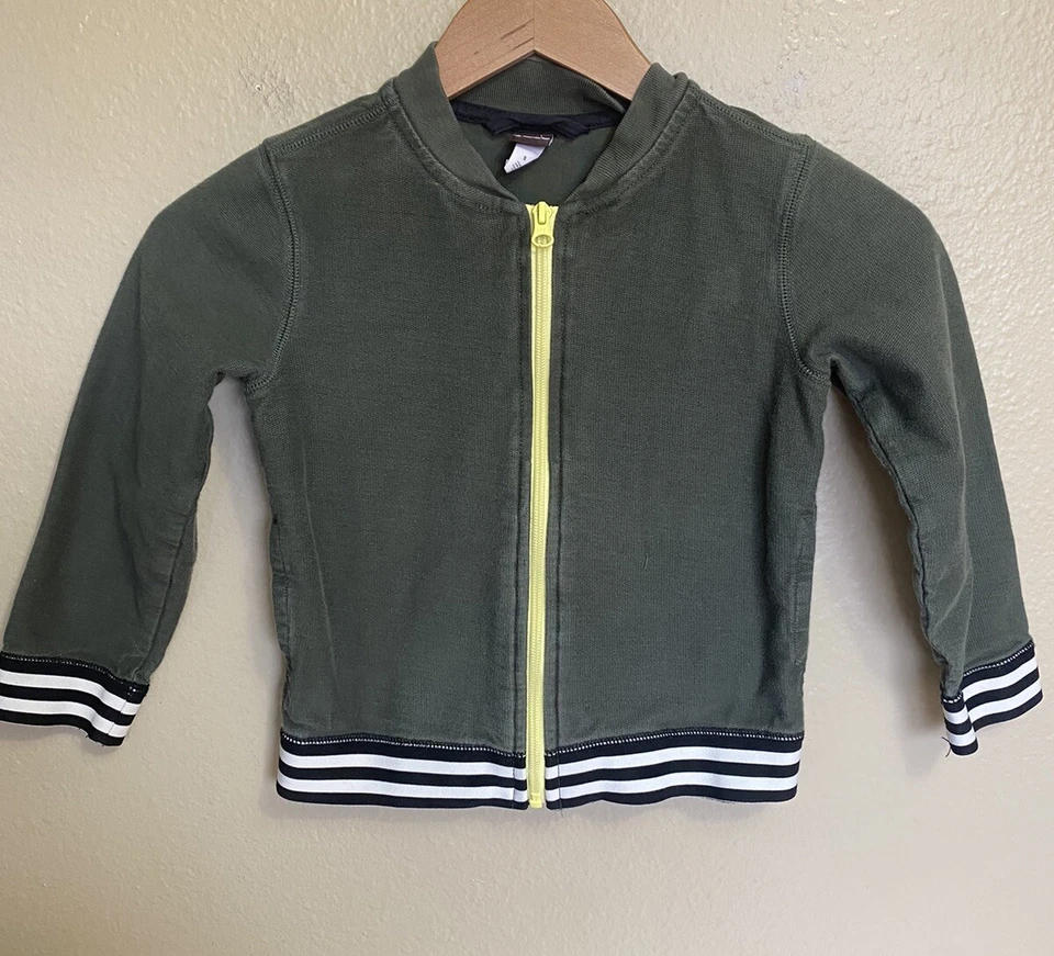 Chaqueta bomber con cremallera verde amarillo a rayas felpa francesa talla 5 Tea Collection para niños Foto 1 de 4