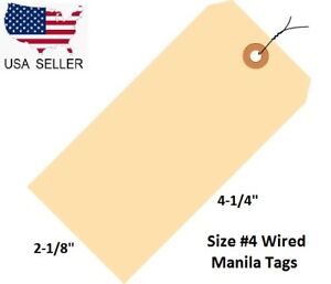 100 Pack 4 1/4" x 2 1/8" Size 4 Manila Inventory Pre Wired Hang Tags with Wire