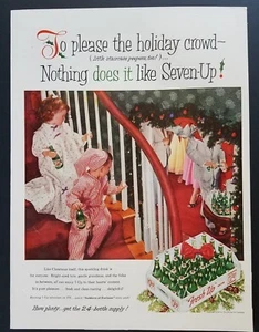 Christmas Vintage Print Ad 7 Up Kids in Pajamas Spying on Christmas Party 1956 - Picture 1 of 3