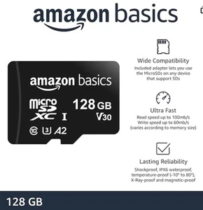 Amazon Basics Micro SDXC Memory Card with Full Size Adapter, A2, U3, 128GB - Photo 1 sur 8