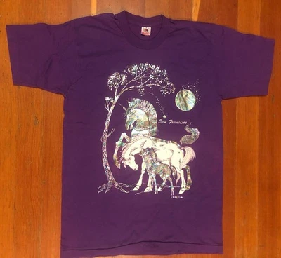 Vtg San Francisco MAGICAL UNICORN T-shirt Purple Sz L Single Stitch Made In USA - Image 1 of 4
