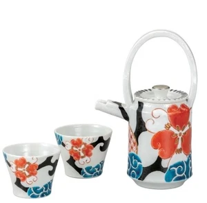 Kutani ware Porcelain Japanese Sake Set Colorful Flower Arabesque 3-Piece Set - Picture 1 of 3