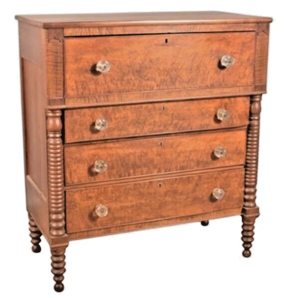 古董喜来登樱桃鸟眼枫木老虎抽屉柜梳妆台乡村 — 第 1/4 张图片