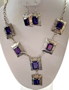 Navajo Carl Quintana Sterlingsilber & Amethyst Halskette Ohrringe Set - Bild 1 von 15