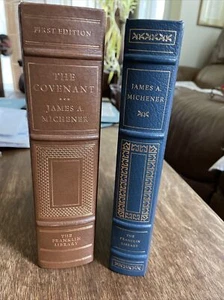 2 Lovely Vintage Franklin Library Books JAMES MICHENER SOUTH PACIFIC, COVENANT - Picture 1 of 3