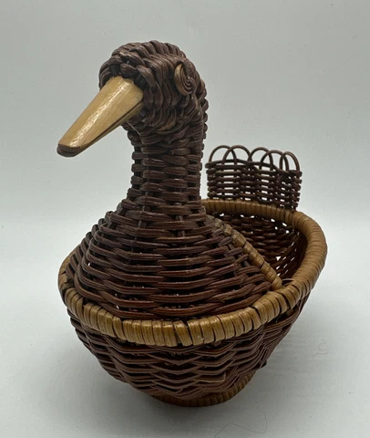 Vintage Wicker Duck Basket with Wooden Bill 6” Wide by 5.5” Tall Decorative Cover
