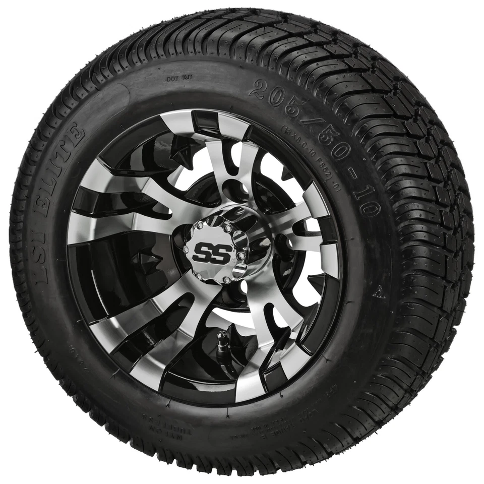 (4) Golf Cart 205/50-10 Low Profile Tires on 10x7 Black/Machined Vampire Wheels - Image 1 of 4