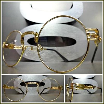 Herren Klassisch Vintage Retro Stil Klar Gläser Brillen Rund Gold Mode Gestell - Bild 1 von 4