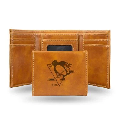 Pittsburgh Penguins NHL Laser Engraved Brown Trifold Wallet - Image 1 of 4