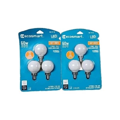 NEW EcoSmart 6-pk 60W G16.5 LED Bulb E12 Candelabra Soft White 2700K Dimmable - Image 1 of 4