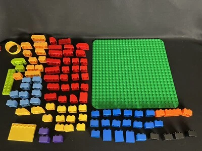 Lego Duplo Lot w/ 22 X 22 Green Baseplate Red, Blue, Yellow, Orange Bricks - Image 1 of 4