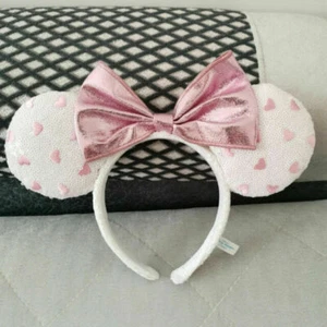 Disney Parks Minnie Ears White Heart Sequin Pink Bow Shanghai Headband - Picture 1 of 9