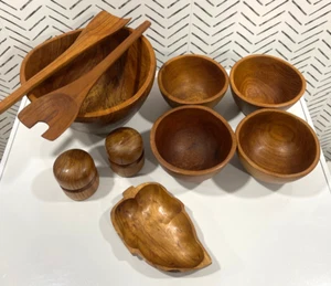 70s hand-carved teak wood bowl set, salt and pepper shakers, and leaf dish, EVC - Picture 1 of 6