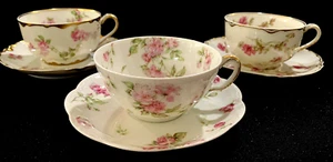 3 Haviland Limoges Cups & Saucers Mixed Similar Patterns of Pink Roses Excellent - Picture 1 of 11