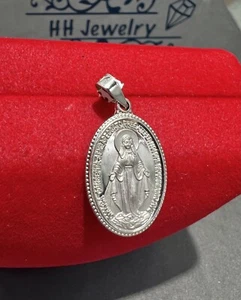 18K Solid White Gold Miraculous Medal Oval Shape Pendant - Picture 1 of 13