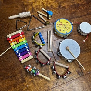 Kids Musical Instrument Set Xylophone Tambourine Hand Bells Maracas Triangle - Picture 1 of 16