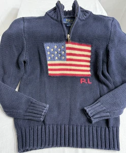 Vintage Youth Polo Ralph Lauren 1/4 zip Knit USA Flag Sweater Sz M (10-12) - Picture 1 of 5