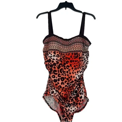 Traje de baño Maxine Boho estampado de leopardo de una pieza rojo marrón acanalado talla 16 Foto 1 de 4