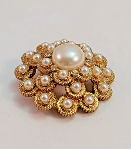 Sarah Coventry Layered Pearl Cabochon Brooch with Gold Tone Rhinestone Vintage - Picture 1 of 5