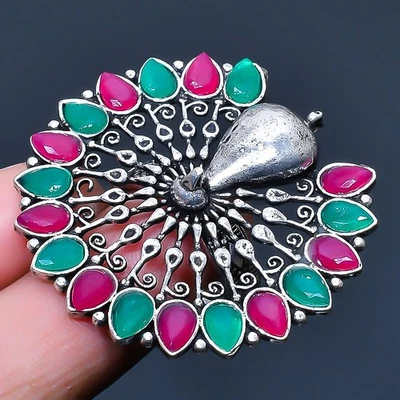 Ювелирное кольцо с зеленым ониксом, кашмирским красным рубином и драгоценными камнями размер США 8 U943 - Изображение 1 из 3