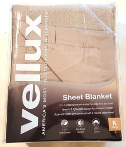 Vellux 100% Cotton 2-in-1 King Sheet Blanket, Tan 108" x 90" - Picture 1 of 10