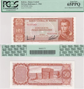 1962 Bolivia 50 Pesos Error Mismatched Serial Numbers PCGS 65PPQ Pick #162a - Picture 1 of 1