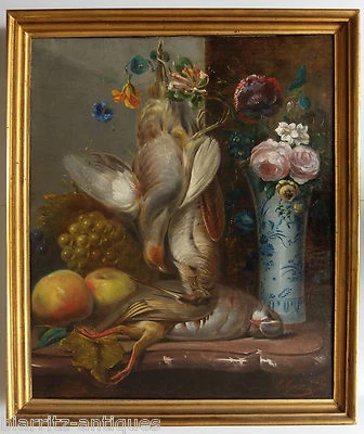 HST - Nature morte au vase, perdreau et bécasse - Signé M. GARON 1859 - Photo 1/4