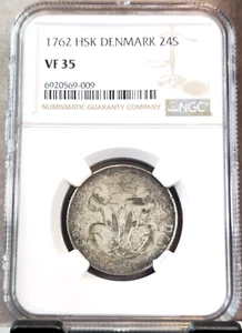 1762 DENMARK SILVER 24 SKILLING FREDERIK V NGC VF 35 EXTREMELY RARE GREAT COIN - Picture 1 of 3